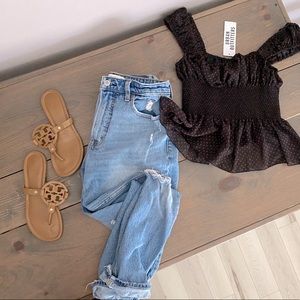 Navy and red sheer peplum tank